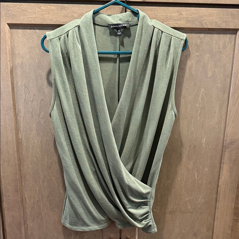 Banana Republic Sage Green Sleeveless Draped Surplice Faux Wrap Top
